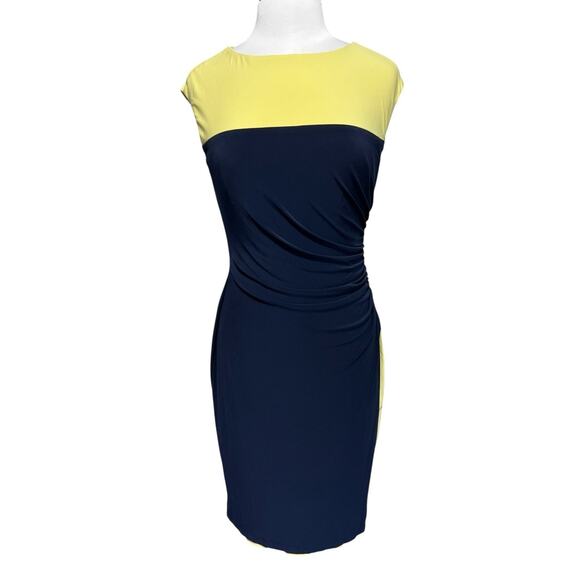Ralph Lauren Blue Yellow Colorblock Ruched Fitted Dress Sleeveless Career sz 8 - Picture 1 of 6
